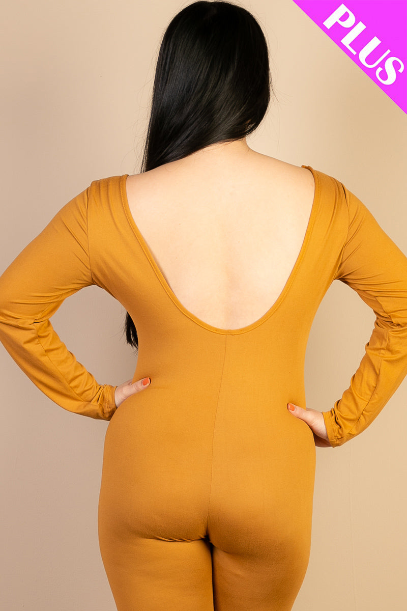 Plus Size Scoop Neck Long Sleeve Bodycon Jumpsuit