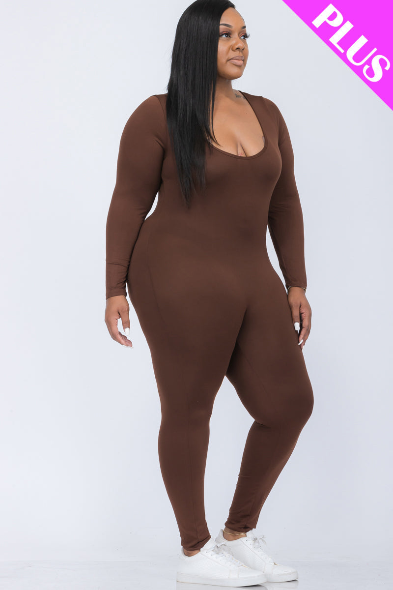 Plus Size Scoop Neck Long Sleeve Bodycon Jumpsuit