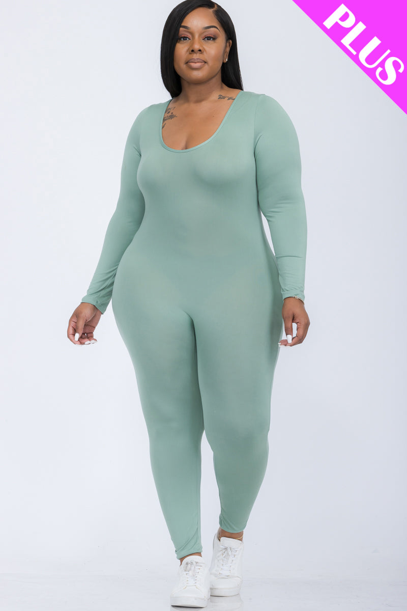 Plus Size Scoop Neck Long Sleeve Bodycon Jumpsuit