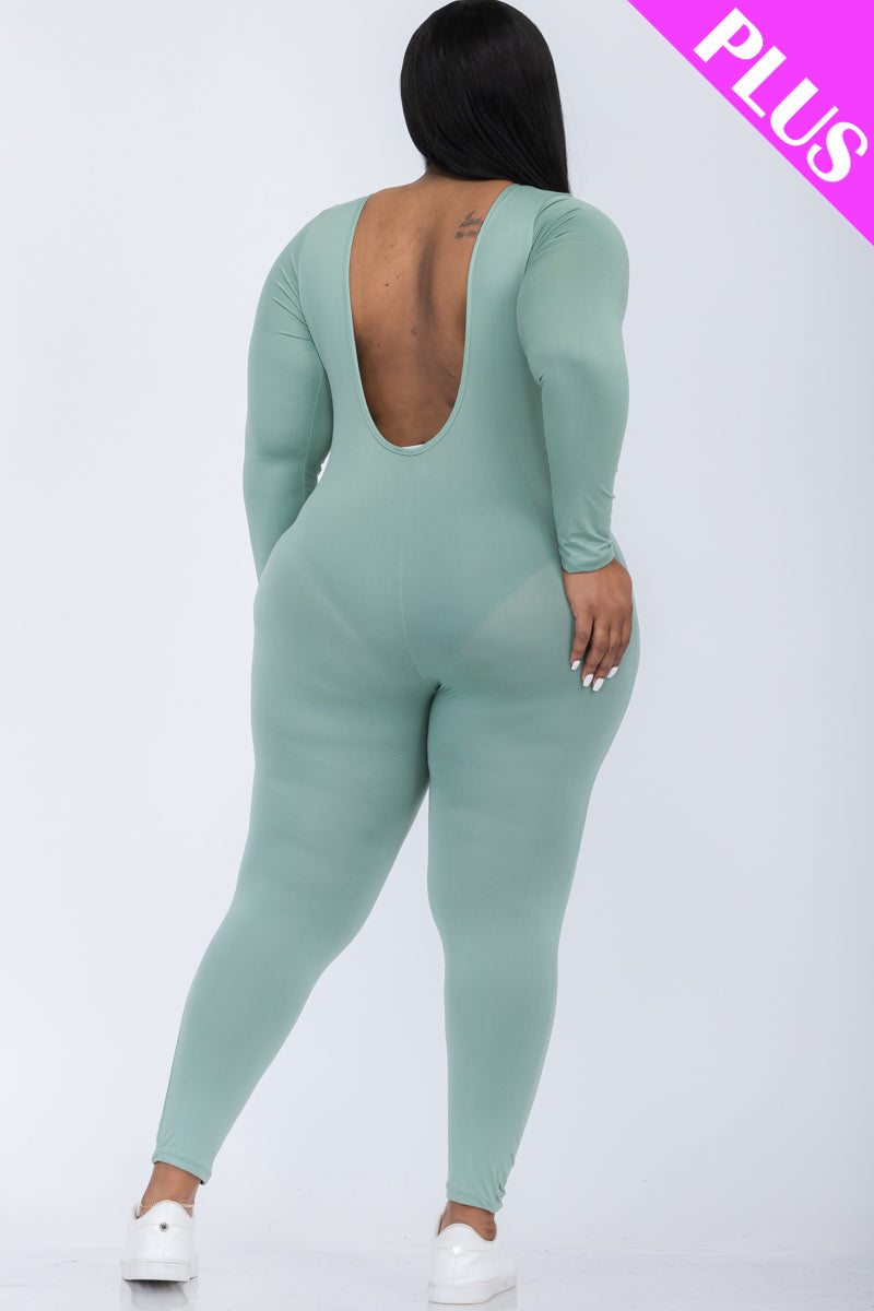 Plus Size Scoop Neck Long Sleeve Bodycon Jumpsuit