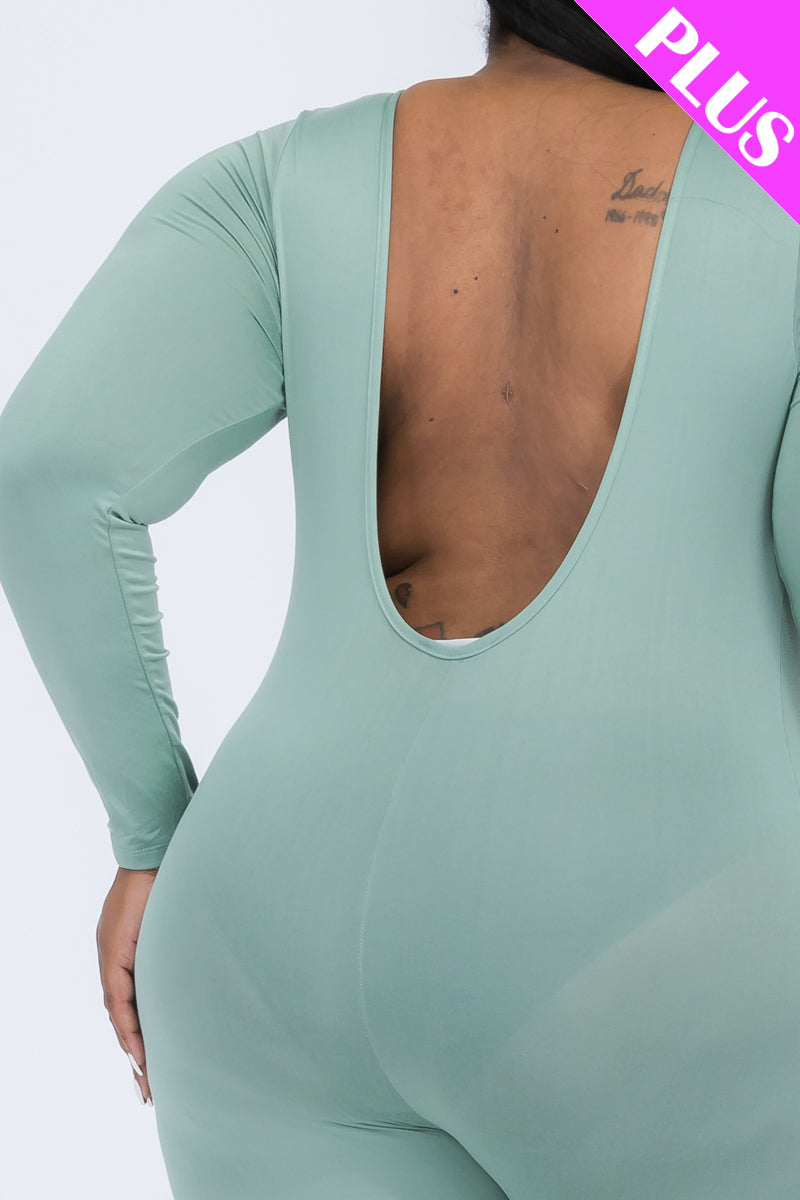 Plus Size Scoop Neck Long Sleeve Bodycon Jumpsuit