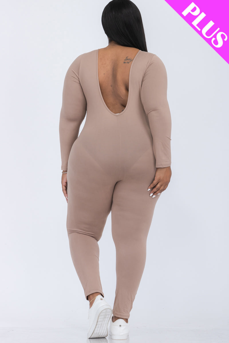 Plus Size Scoop Neck Long Sleeve Bodycon Jumpsuit