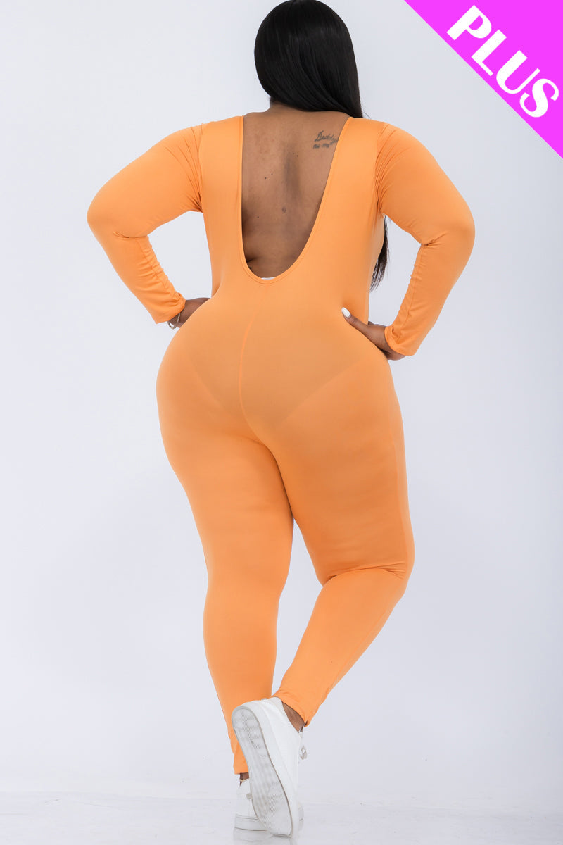 Plus Size Scoop Neck Long Sleeve Bodycon Jumpsuit