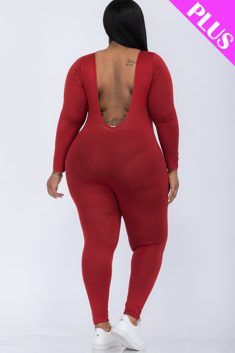 Plus Size Scoop Neck Long Sleeve Bodycon Jumpsuit