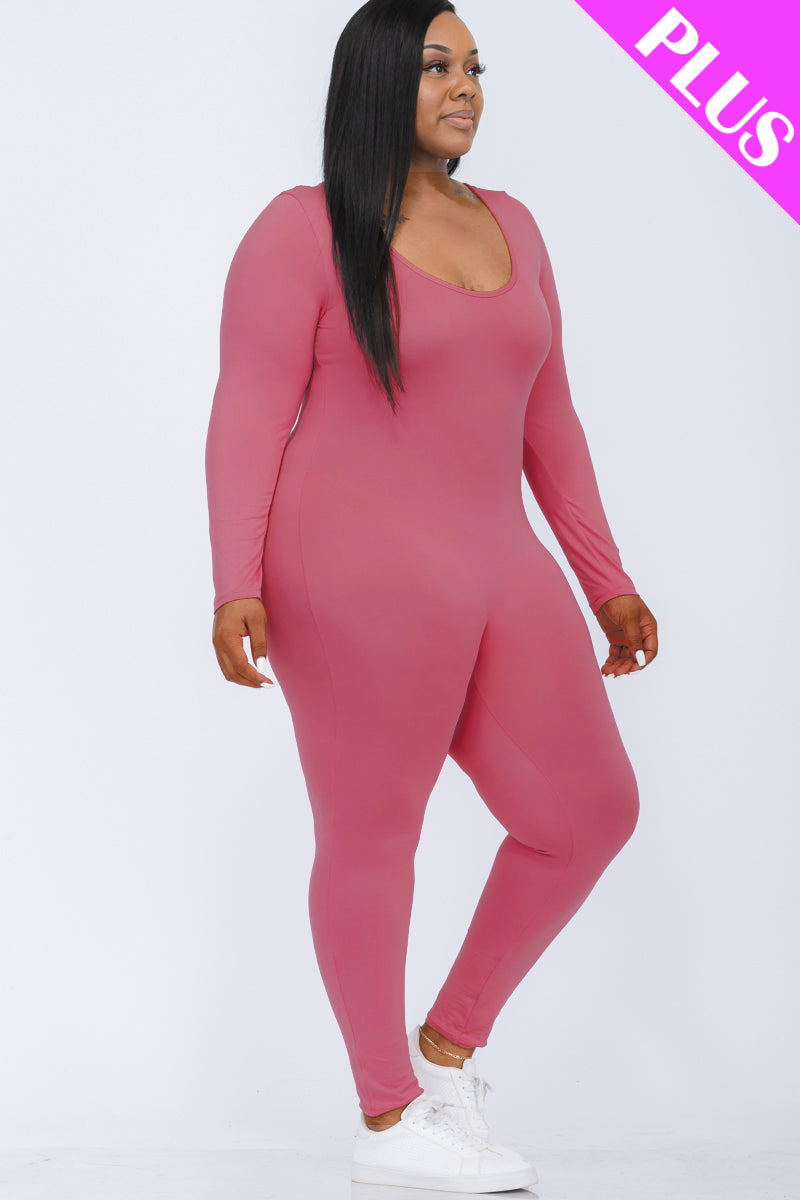 Plus Size Scoop Neck Long Sleeve Bodycon Jumpsuit