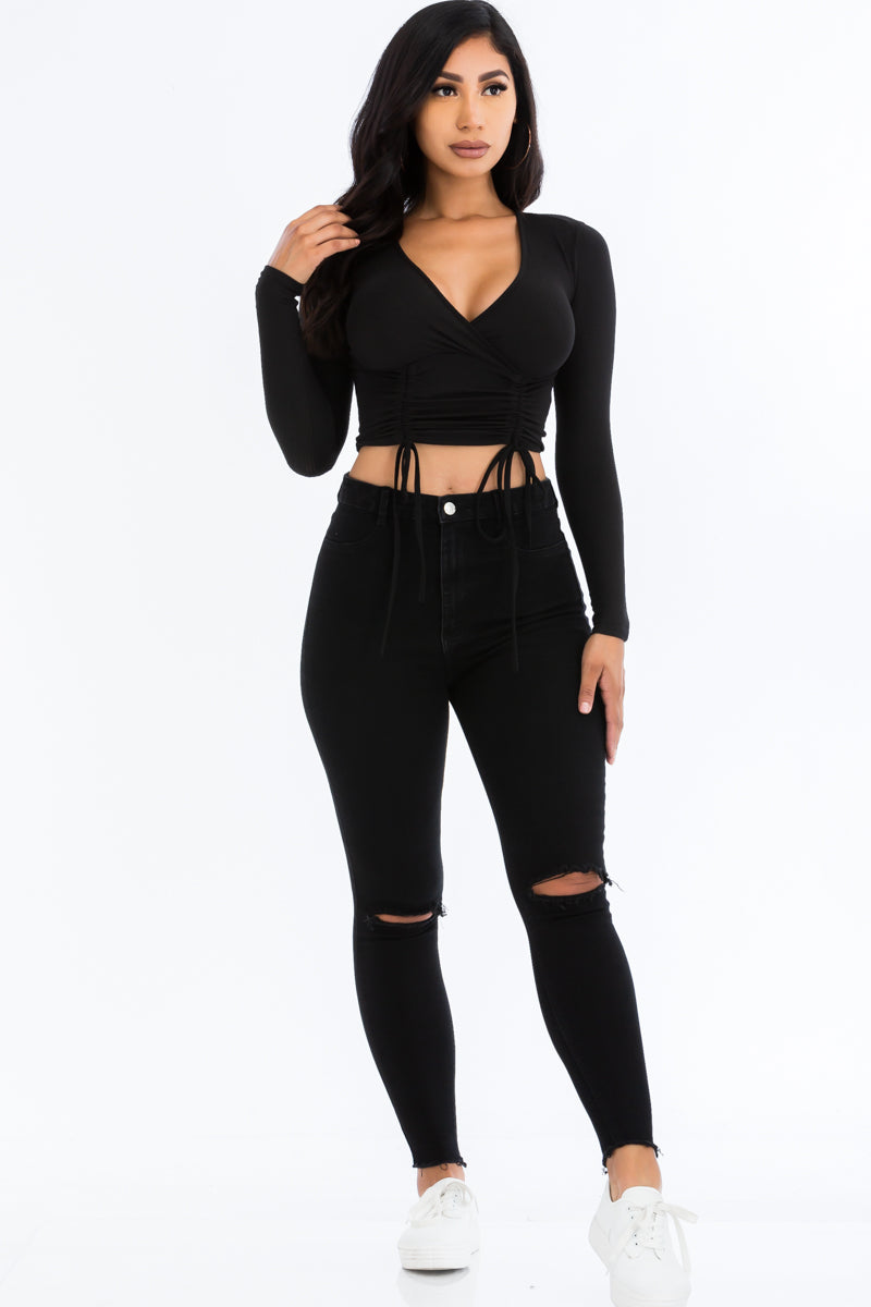 Drawstring Long Sleeve Crop Top