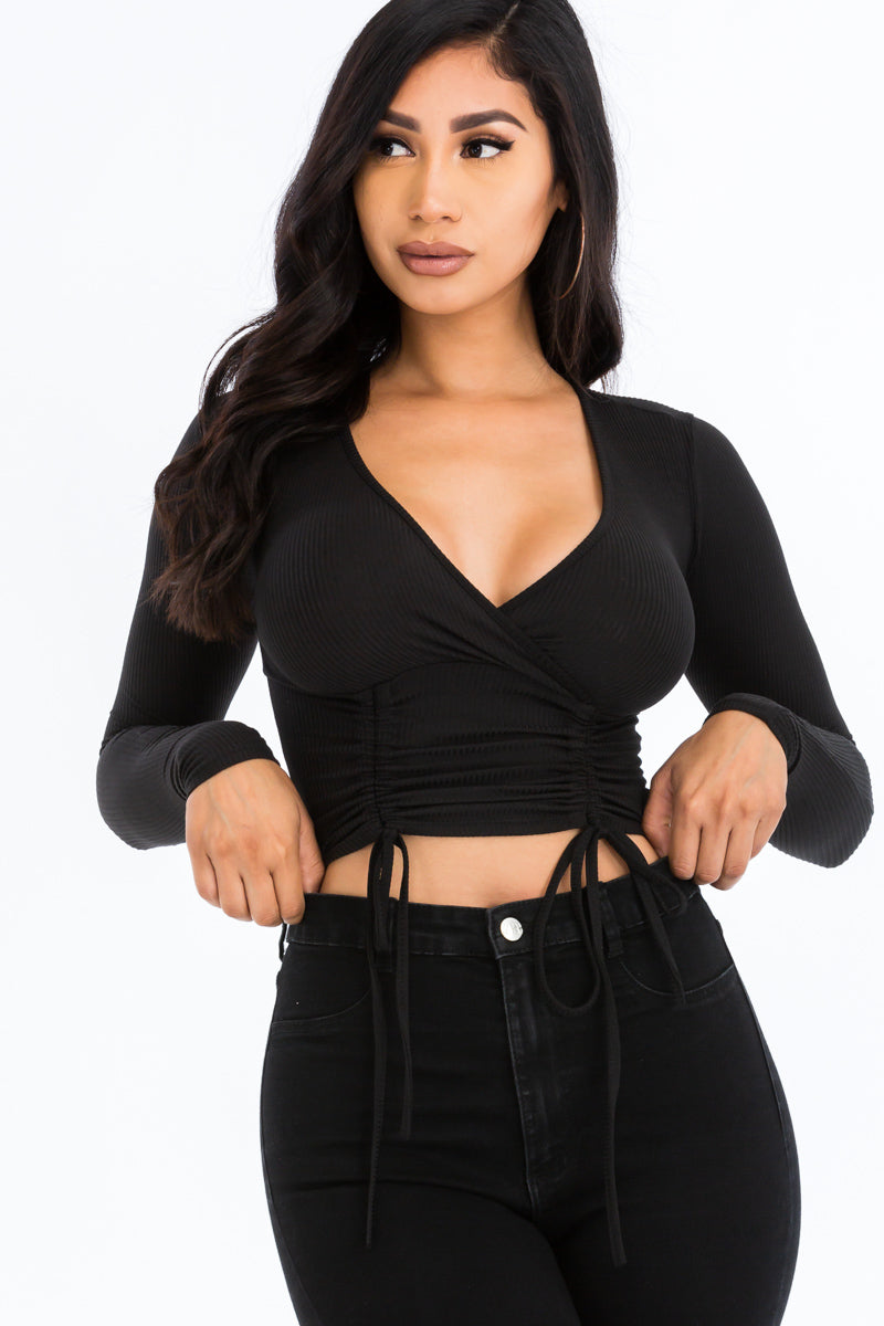 Drawstring Long Sleeve Crop Top