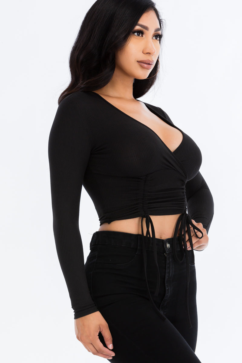 Drawstring Long Sleeve Crop Top