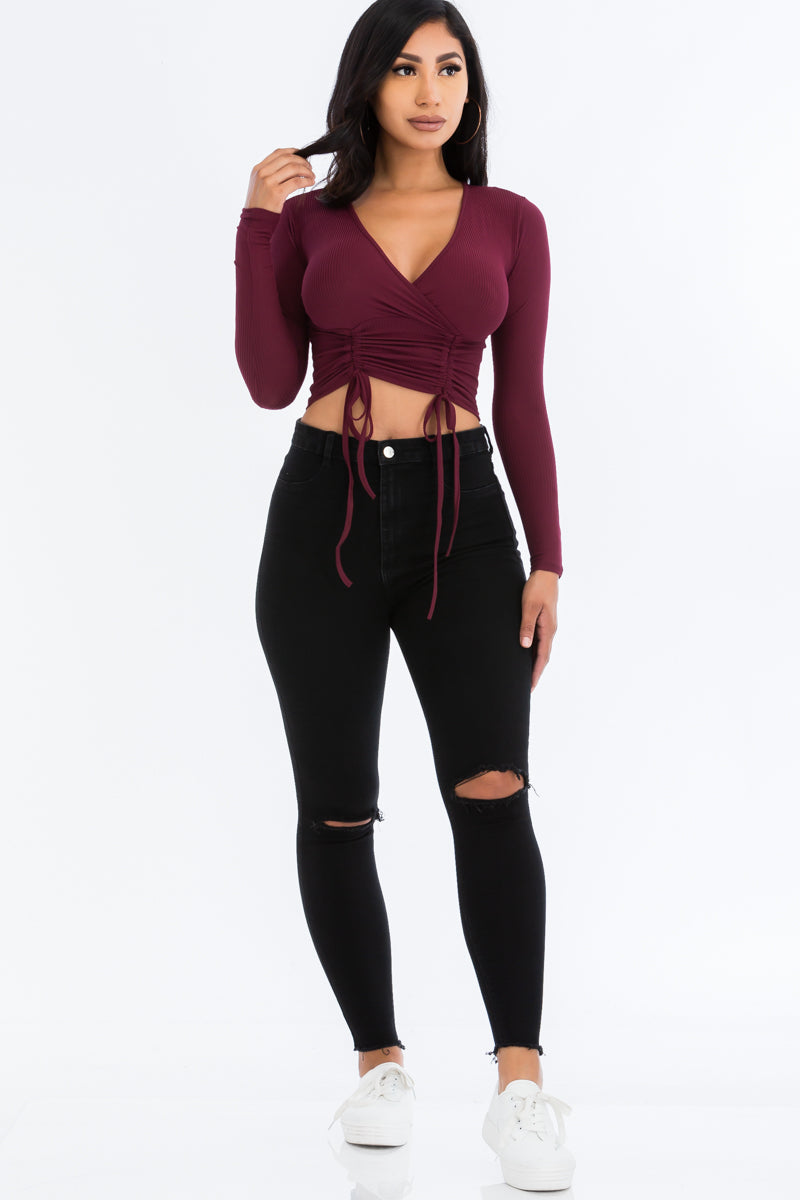 Drawstring Long Sleeve Crop Top