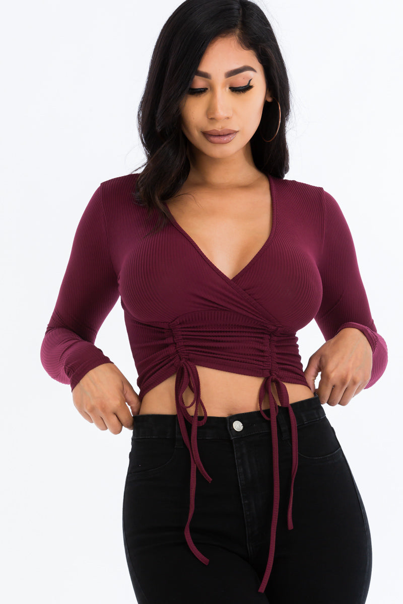 Drawstring Long Sleeve Crop Top