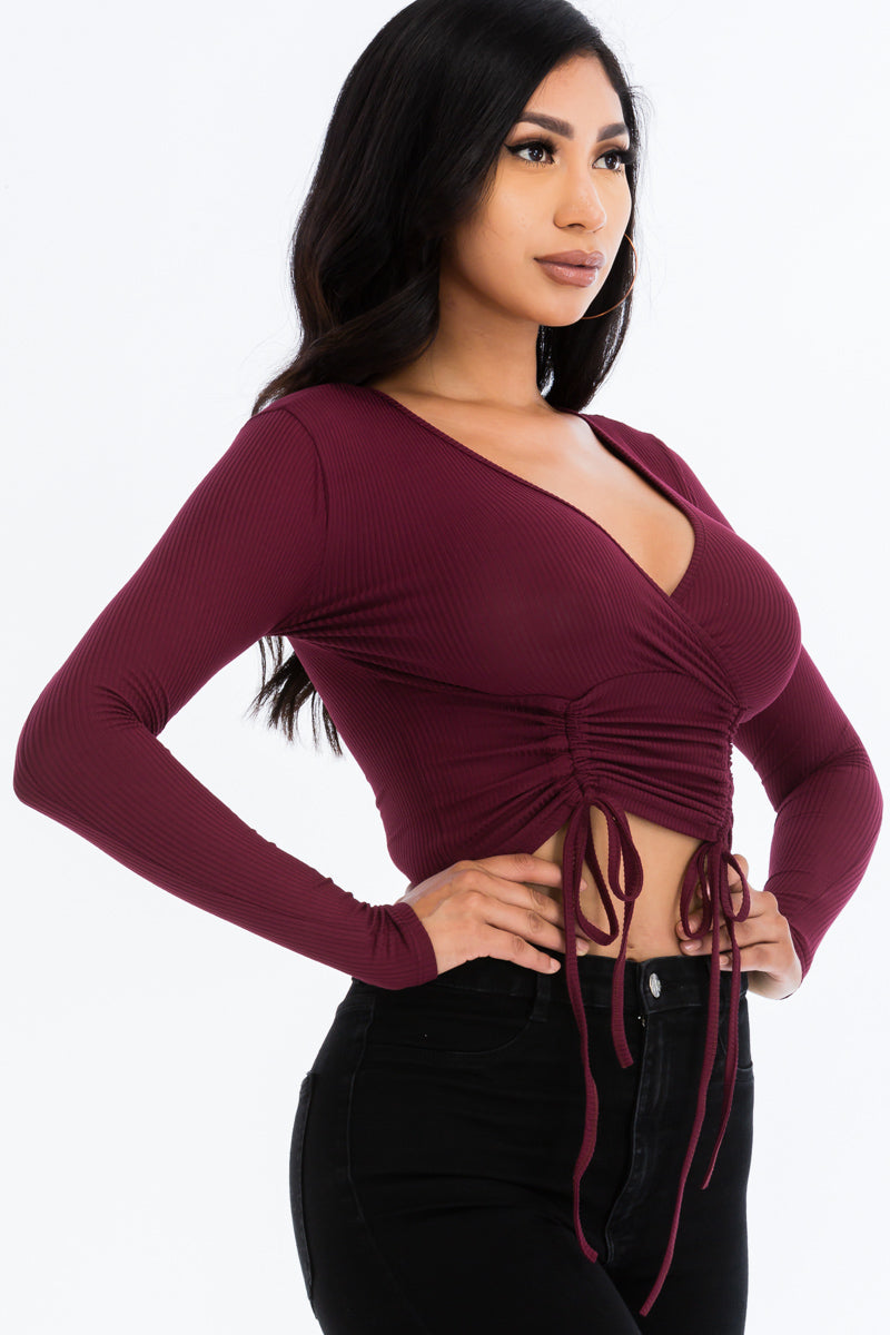 Drawstring Long Sleeve Crop Top