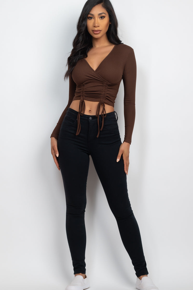 Drawstring Long Sleeve Crop Top