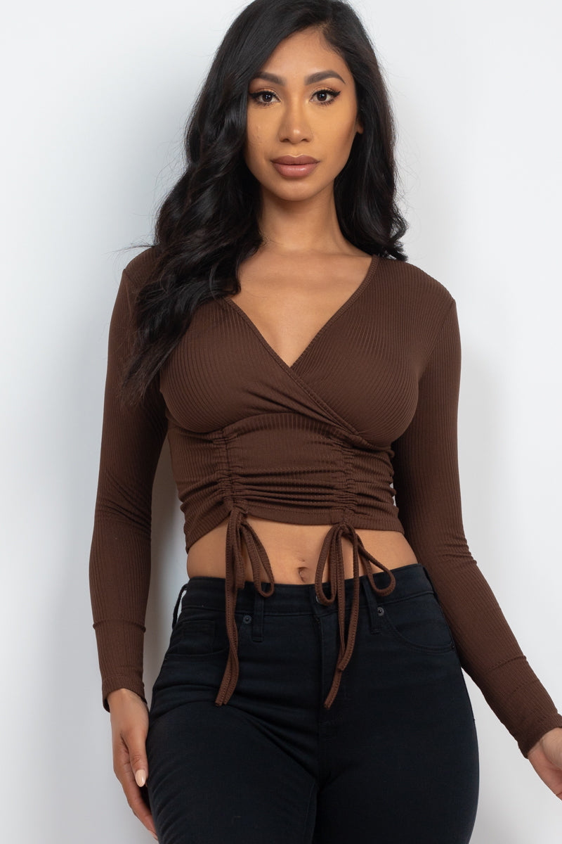 Drawstring Long Sleeve Crop Top