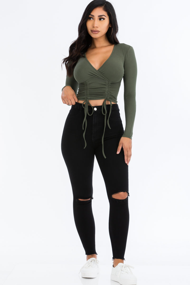 Drawstring Long Sleeve Crop Top