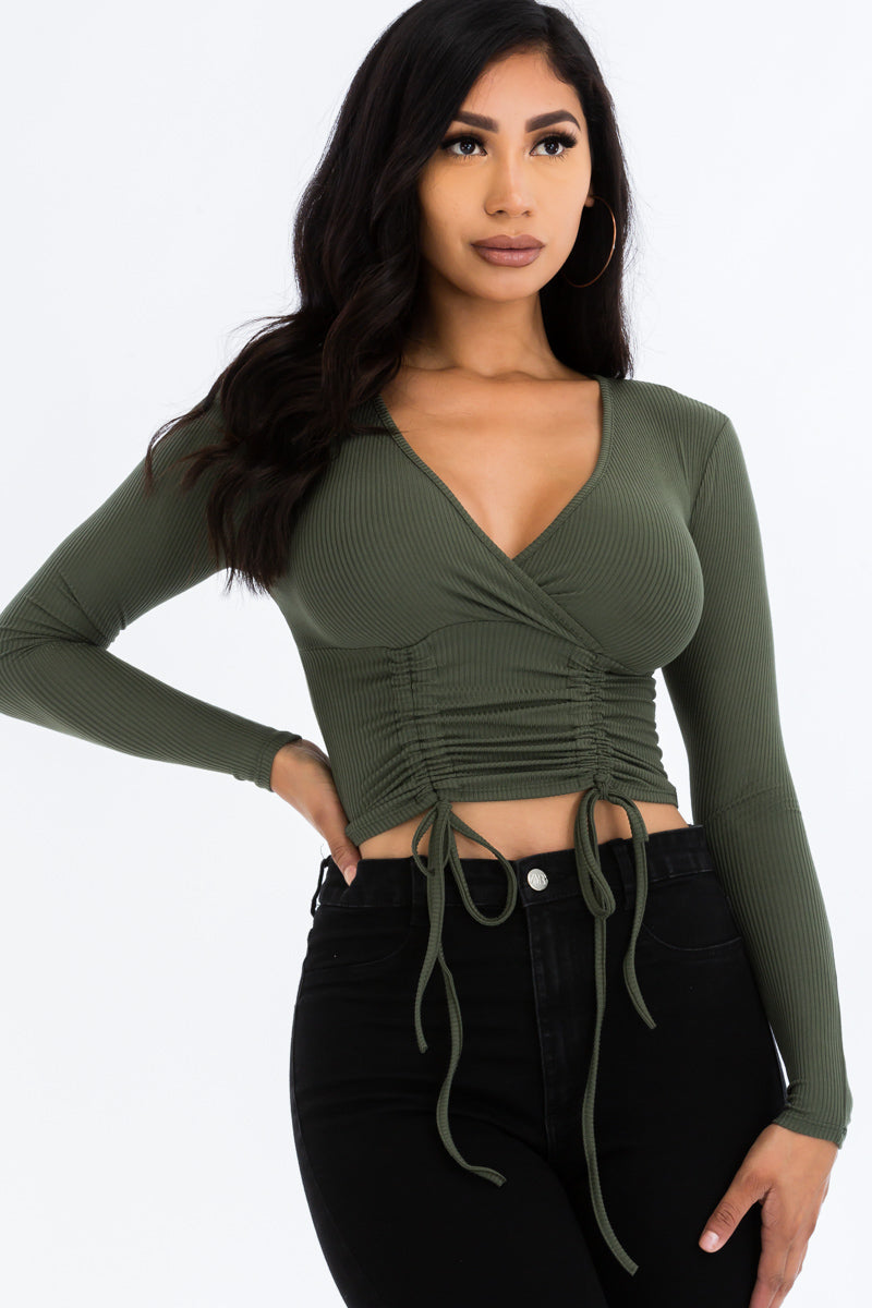 Drawstring Long Sleeve Crop Top