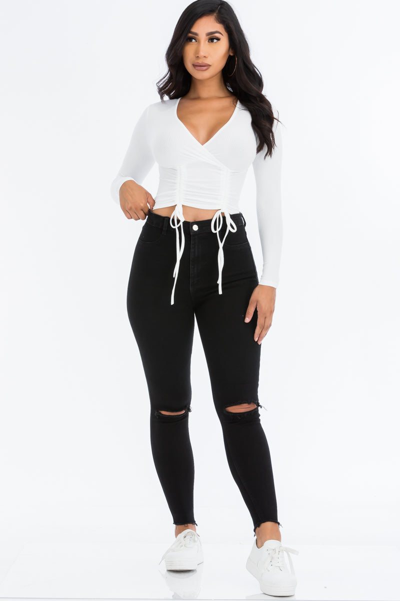 Drawstring Long Sleeve Crop Top