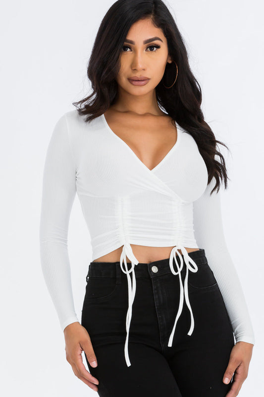 Drawstring Long Sleeve Crop Top