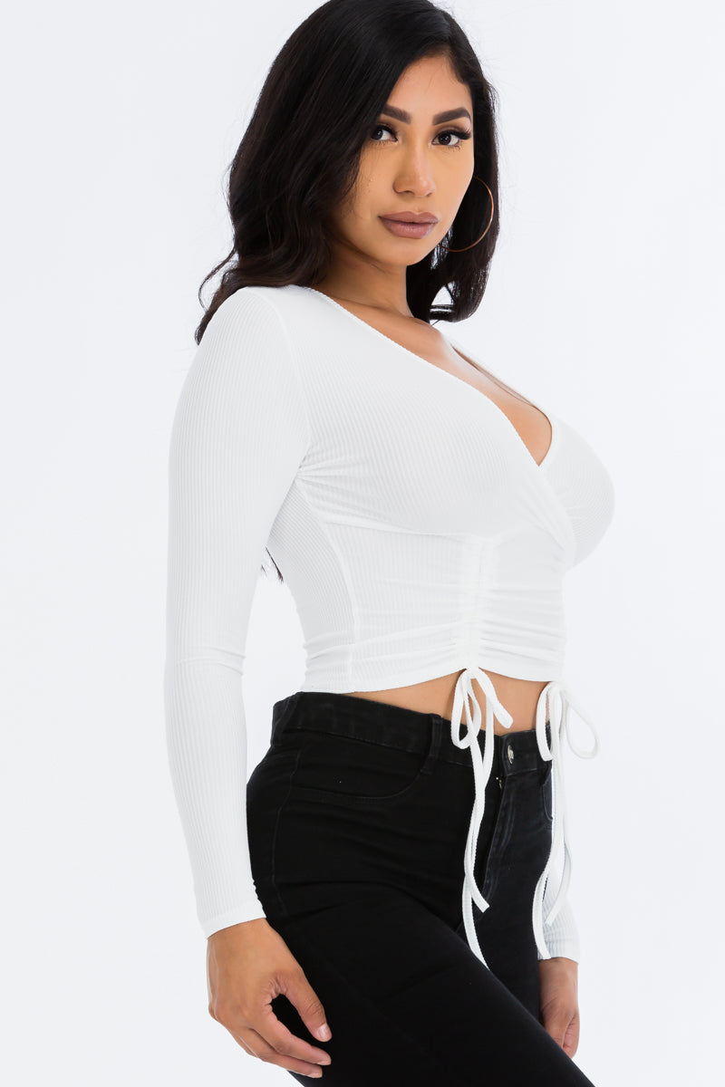 Drawstring Long Sleeve Crop Top