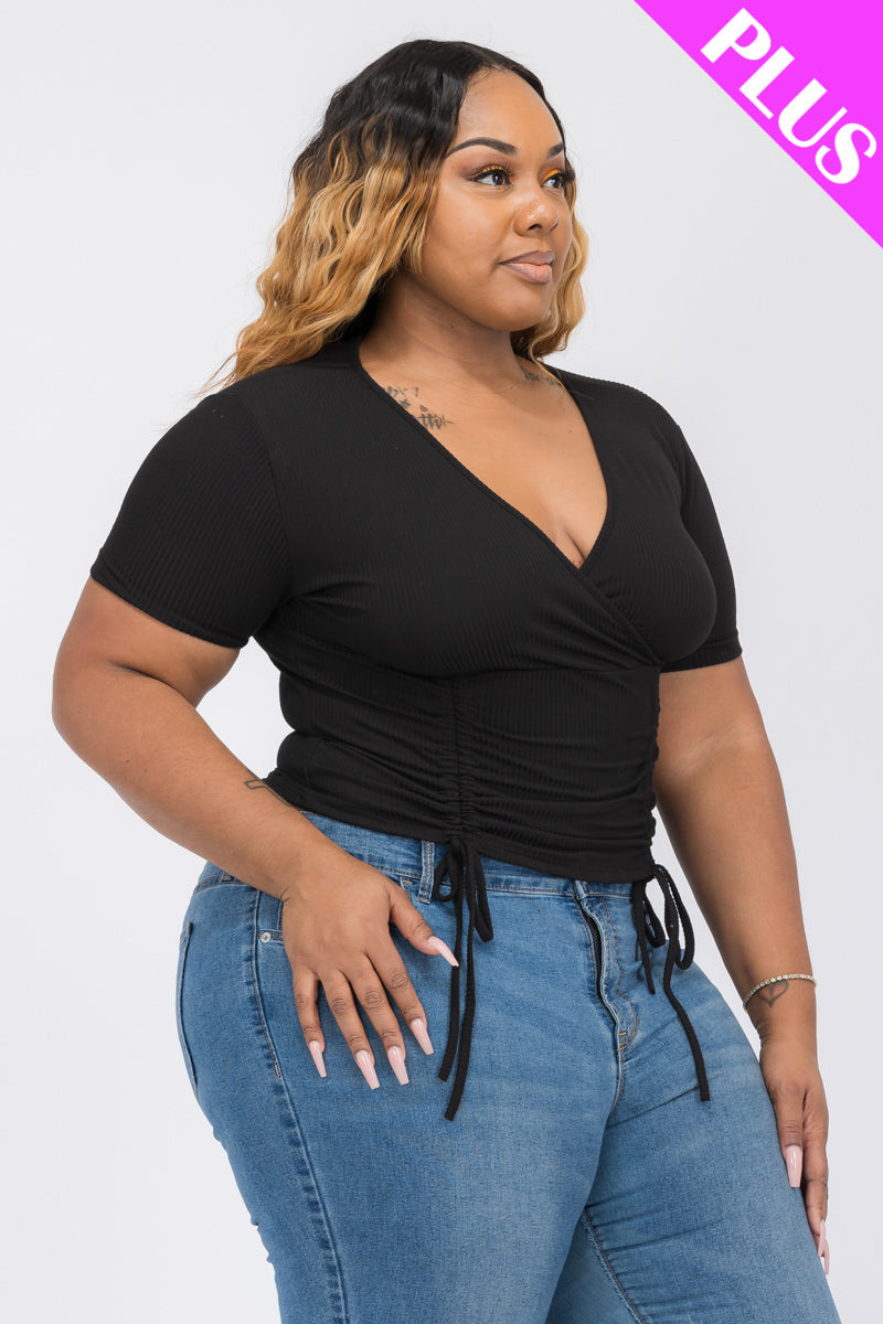 Plus Size Ribbed Ruched Drawstring Surplice Top