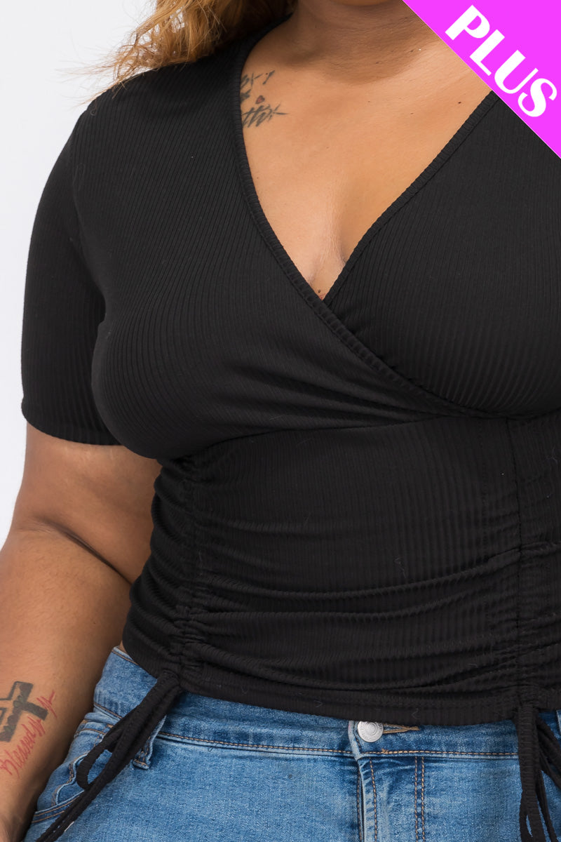 Plus Size Ribbed Ruched Drawstring Surplice Top