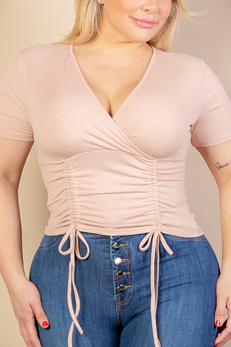 Plus Size Ribbed Ruched Drawstring Surplice Top