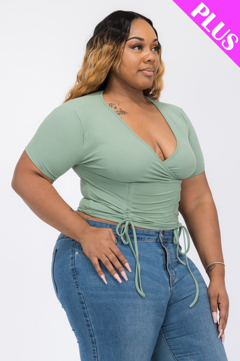 Plus Size Ribbed Ruched Drawstring Surplice Top