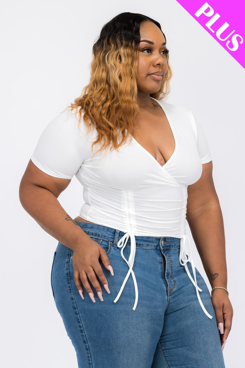 Plus Size Ribbed Ruched Drawstring Surplice Top