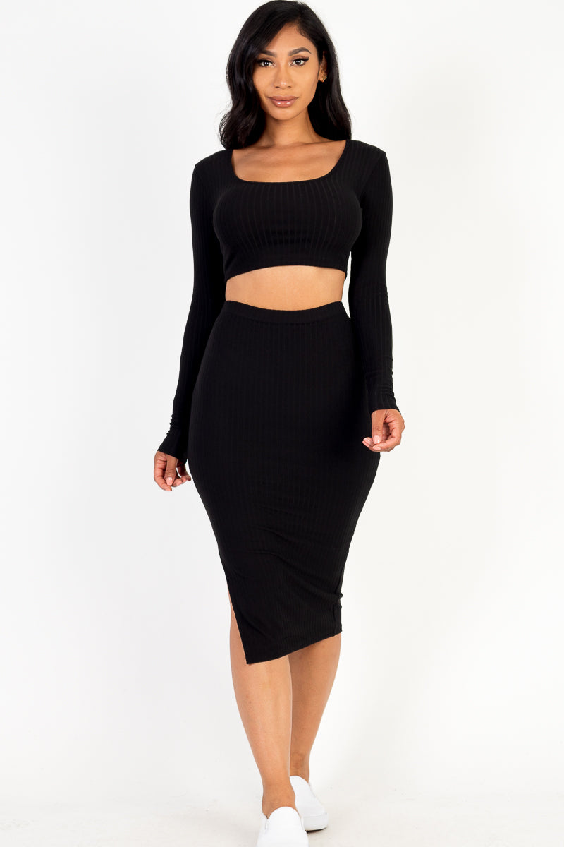 Ribbed Long Sleeve Crop Top & Skirt Set