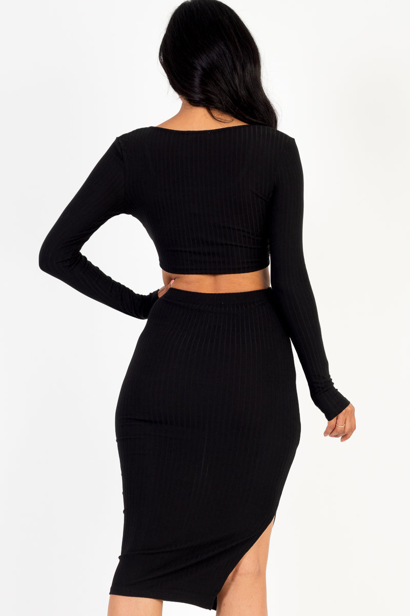 Ribbed Long Sleeve Crop Top & Skirt Set