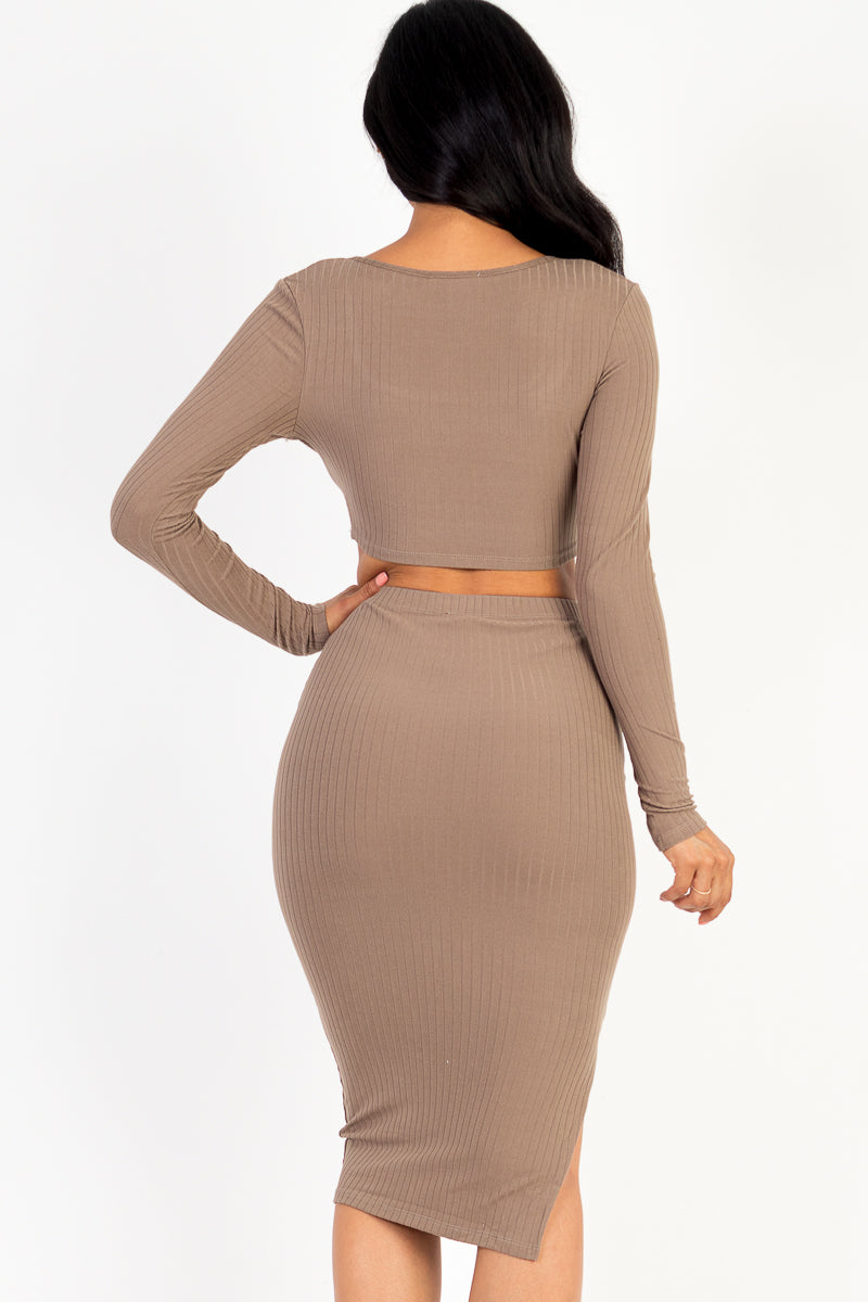 Ribbed Long Sleeve Crop Top & Skirt Set