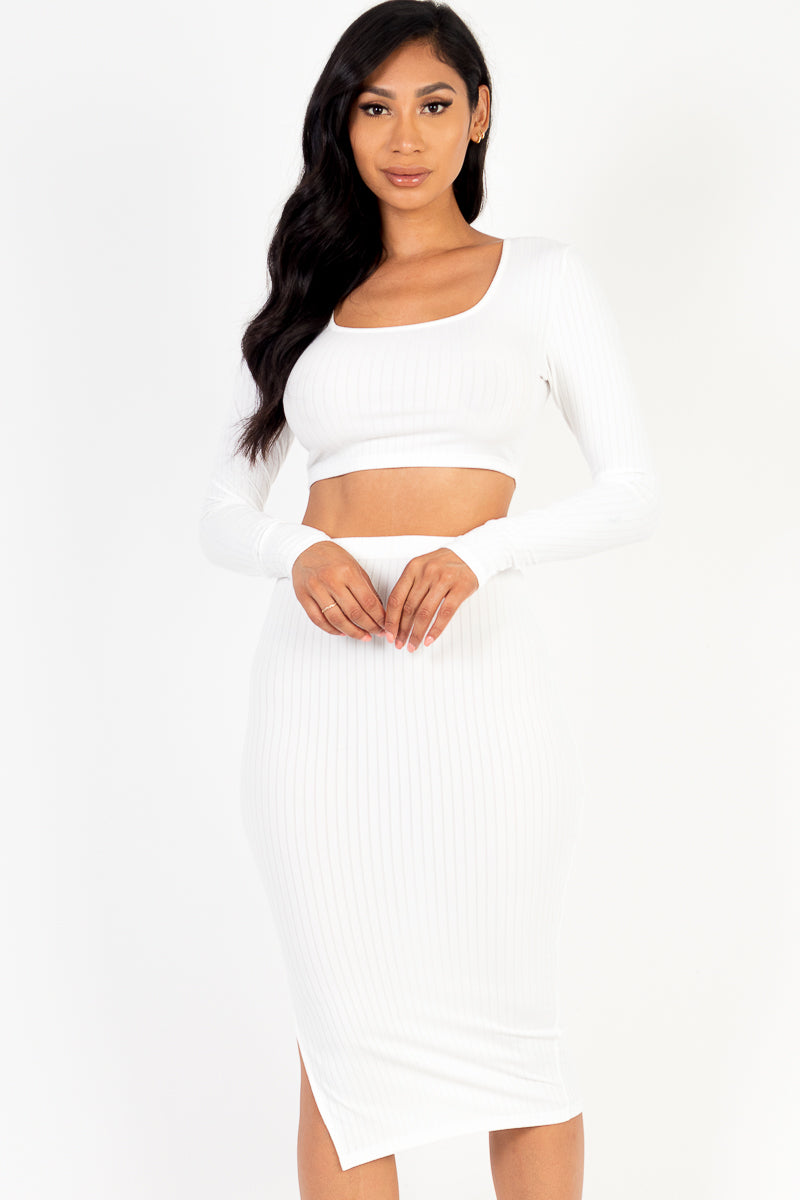 Ribbed Long Sleeve Crop Top & Skirt Set