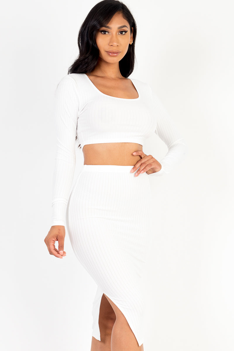 Ribbed Long Sleeve Crop Top & Skirt Set