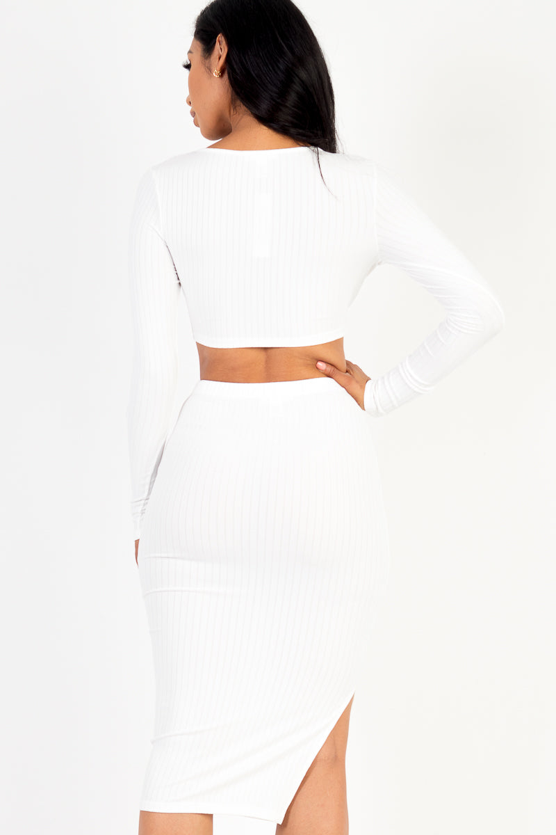 Ribbed Long Sleeve Crop Top & Skirt Set