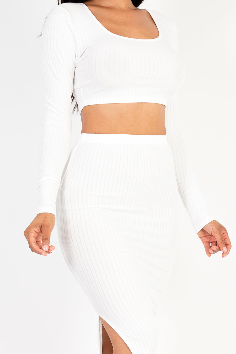 Ribbed Long Sleeve Crop Top & Skirt Set